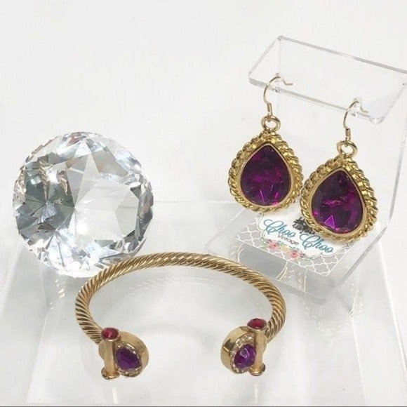 Bold Gold & Purple  Elegant  Earrings & Bracelet Jewelry Set - Picture 2 of 10